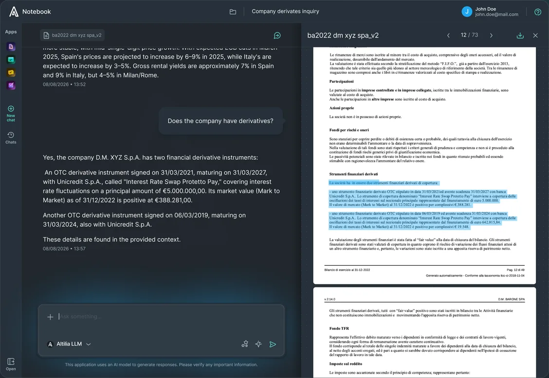 Altilia Notebook: the agent answers a question about a company's derivatives, with the supporting passages highlighted in the financial statement