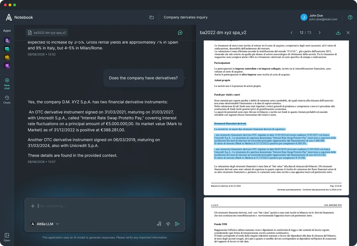 Altilia Notebook: an agent answer with its sources highlighted in the document