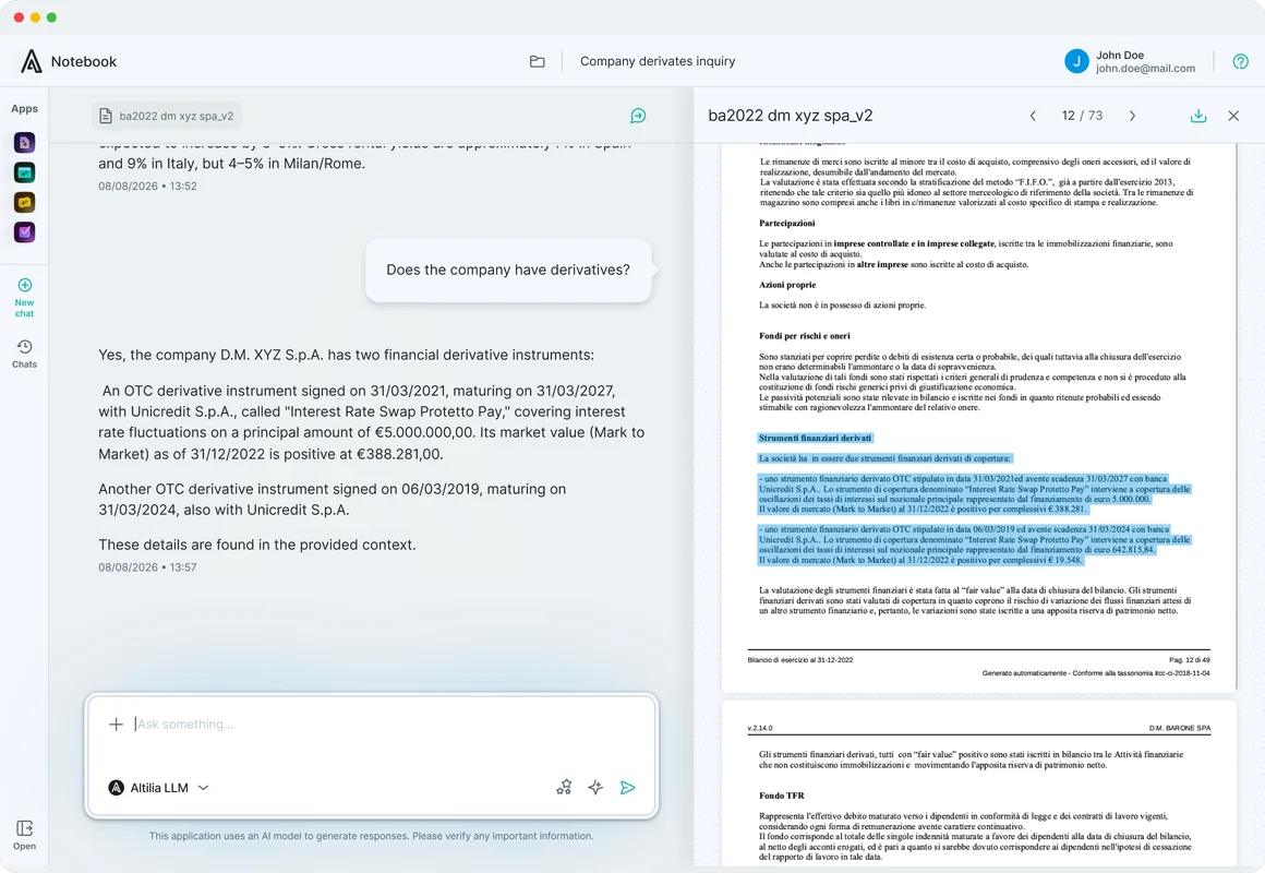 Altilia Notebook: an agent answer with its sources highlighted in the document
